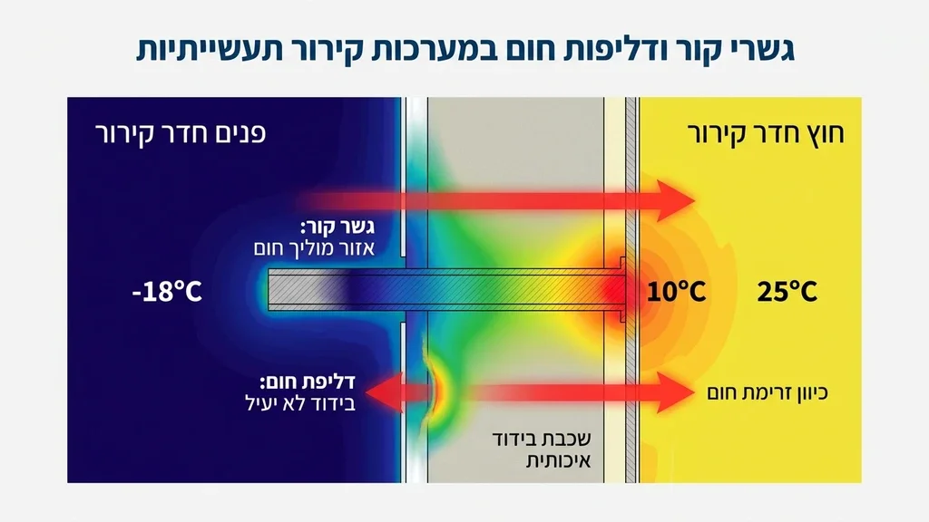 נוצר על ידי מודל בינה מלאכותית Gemini Pro הדמיה תרמית המציגה גשרי קור בתוך חדר קירור תעשייתי