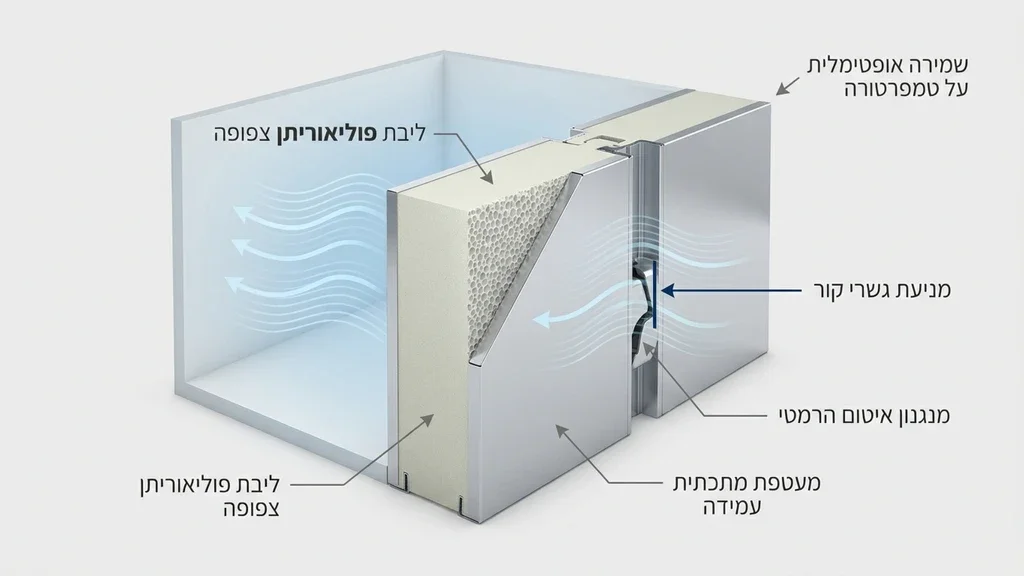 נוצר על ידי מודל בינה מלאכותית Gemini Pro פאנלים מבודדים איכותיים המותקנים בחדר הקפאה מסחרי